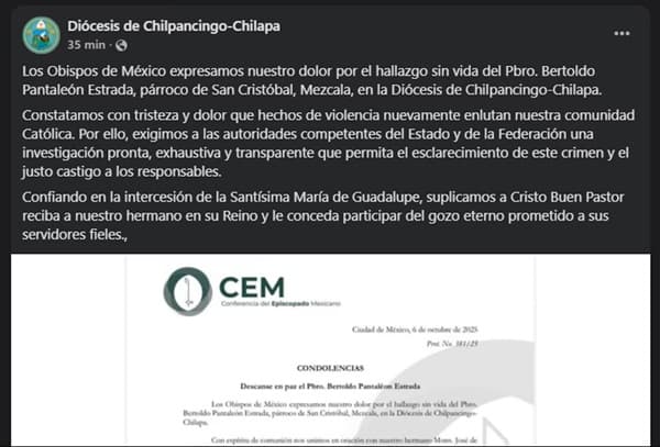 Obispos Exige CEM a autoridades de seguridad investigación del crimen del sacerdote y castigo a los responsables