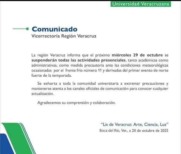 UV Suspenderán actividades presenciales, académicas y administrativas en Veracruz y Boca del Río
