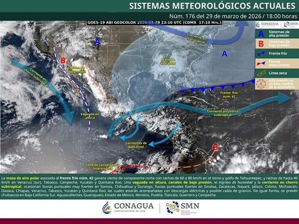 SMN Una circulación de baja presión en el occidente y norte de la República y una corriente de chorro subtropical e inestabilidad atmosférica en el centro, provocarán las condiciones esperadas para el inicio de esta semana.